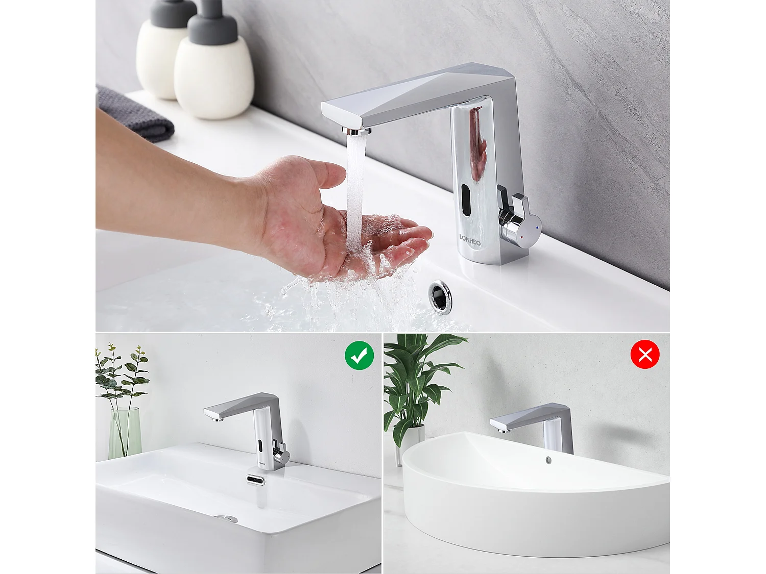 Lonheo Max Mitigeur Lavabo Capteur Infrarouge Intelligent Automatique,  Mitigeur Infrarouge Electronique Chromé en Laiton Eau Chaude Froide,,EU Modèle