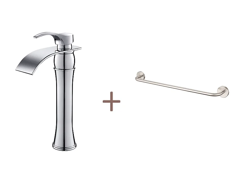 Auralum maxMitigeur Lavabo Cascade Robinet Lavabo/Vasque Haute Bec Moocommand,Chromé+60cm Porte-Serviettes Salle Bain Auto-adhésif ou Perçage,Inox