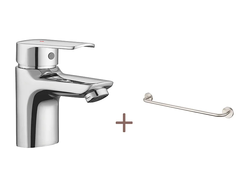 Miscelatore Monocomando Lavabo Cromato con Foro di Scarico e Leva, Acqua Fredda/Calda + Porta Asciugamani da 60cm per Bagno Adesivo o Foratura in Inox 304
