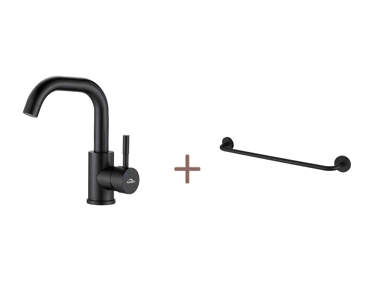 Auralum max Grifo LavAbo Negro con Mampo Demotable, Rotación 360°+Toallero de Baño,Autoadhesivo/Perforación,60CM,en INOX 304