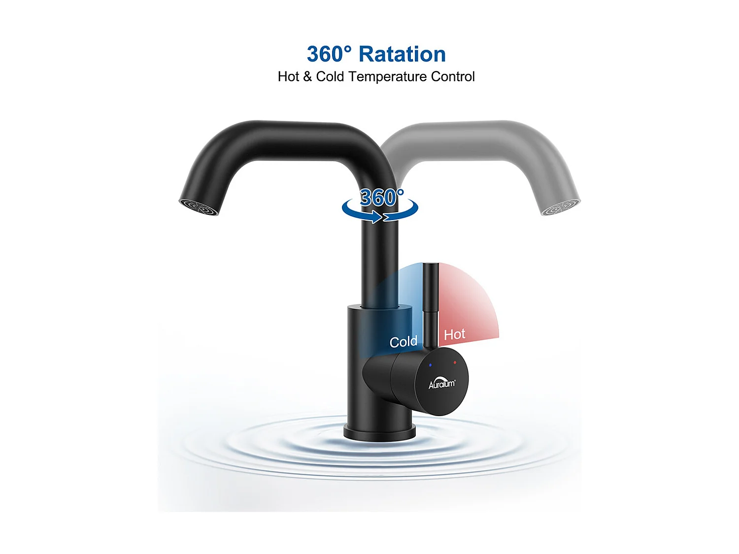 Auralum max Grifo LavAbo Negro con Mampo Demotable, Rotación 360°+Toallero de Baño,Autoadhesivo/Perforación,60CM,en INOX 304