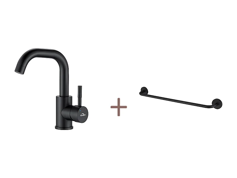 Auralum max Robinet Lavabo Noir avec Barboteur Démotable, Rotation à 360°+Porte-Serviettes de Salle de Bain,Auto-adhésif/ Perçage,60CM,en INOX 304