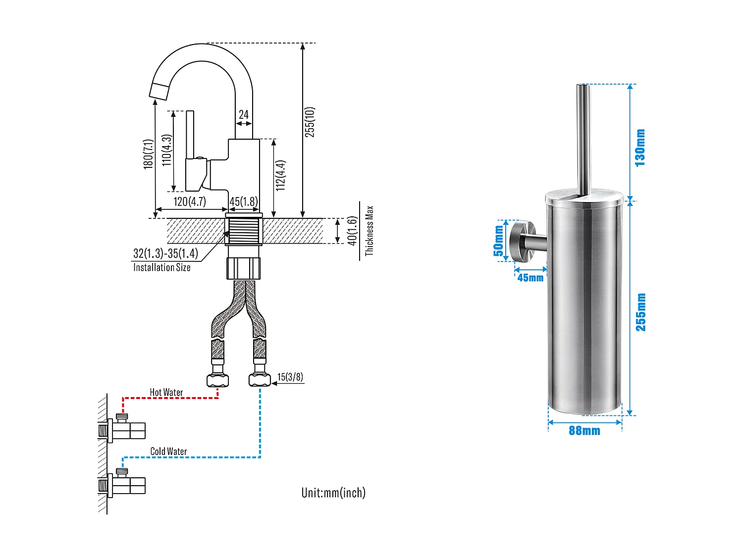 AURALUM MAX Grifo Lavabo Baño Boco Alto ChromÉ Brillante Rotativo 360°+Porta Cepillo Inodoro Acero Inoxidable Cepillo WC Pared