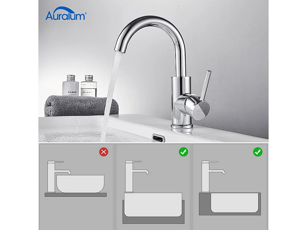 AURALUM MAX Grifo Lavabo Baño Boco Alto ChromÉ Brillante Rotativo 360°+Porta Cepillo Inodoro Acero Inoxidable Cepillo WC Pared