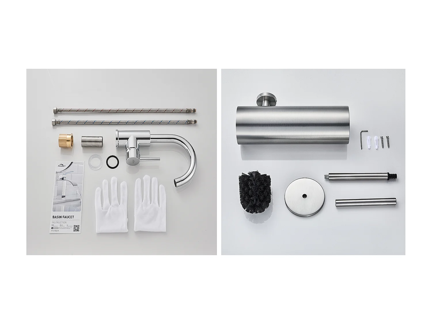 AURALUM MAX Robinet Lavabo Salle de Bain Bec Haut Chromé Brillant Rotatif 360°+Porte Brosse Toilette Acier Inoxydable Brosse WC Mural