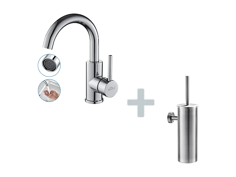 AURALUM MAX Robinet Lavabo Salle de Bain Bec Haut Chromé Brillant Rotatif 360°+Porte Brosse Toilette Acier Inoxydable Brosse WC Mural