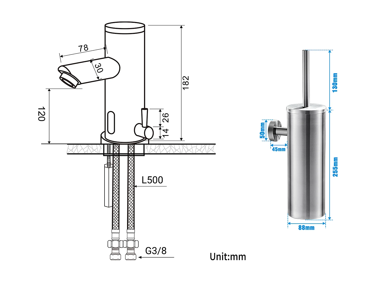 Mitigeur Lavabo Infrarouge Electronique Eau Froide/Chaude en Laiton Chrome+Porte Brosse Toilette Acier Inoxydable Brosse WC Mural