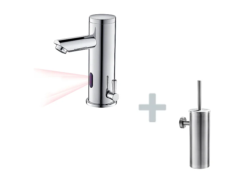 Mitigeur Lavabo Infrarouge Electronique Eau Froide/Chaude en Laiton Chrome+Porte Brosse Toilette Acier Inoxydable Brosse WC Mural