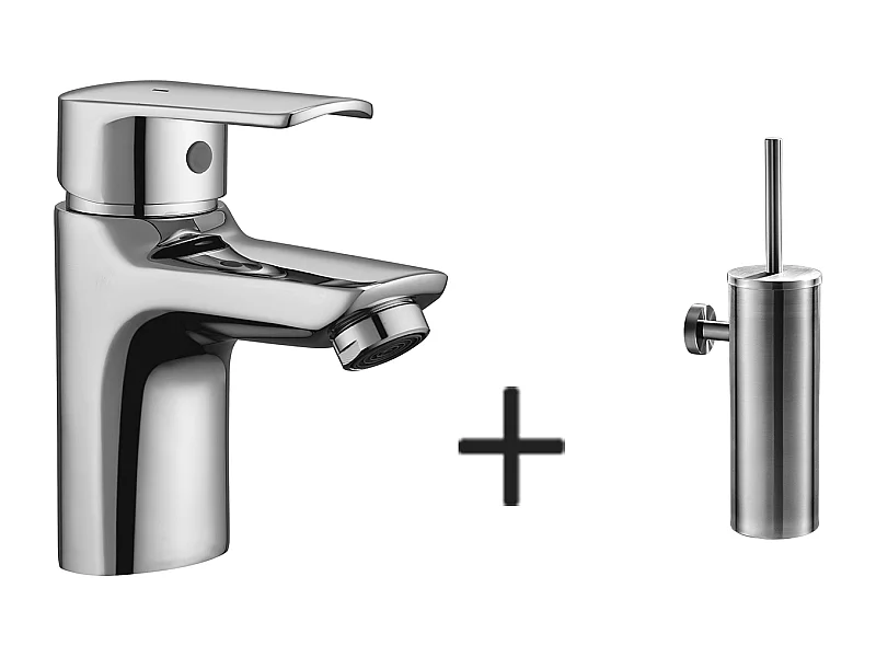 Miscelatore Lavabo Monoforo Cromato con Foro di Tirante di Svuotamento, ACQUA Fredda/Calda+Porta Spazzola Toilette Acciaio Inossidabile Spazzola WC