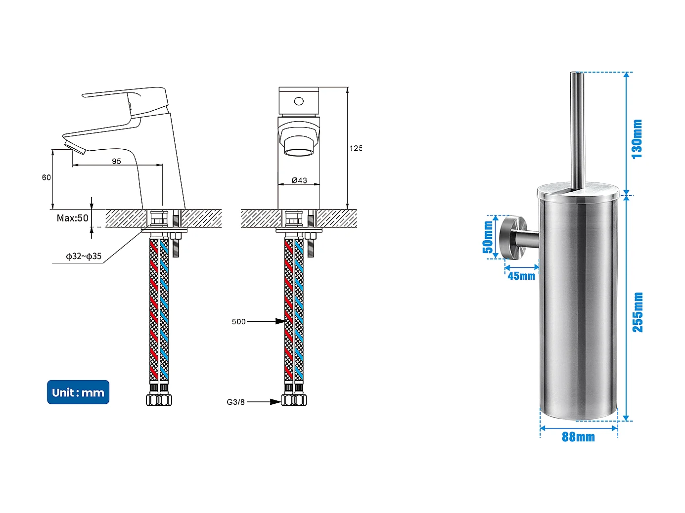 Wastafelmengkraan met één gat chroom en trekkergatE van Afvoer, Koud/Warm WATER + Toiletborstelhouder RVS Toiletborstel Wandmontage