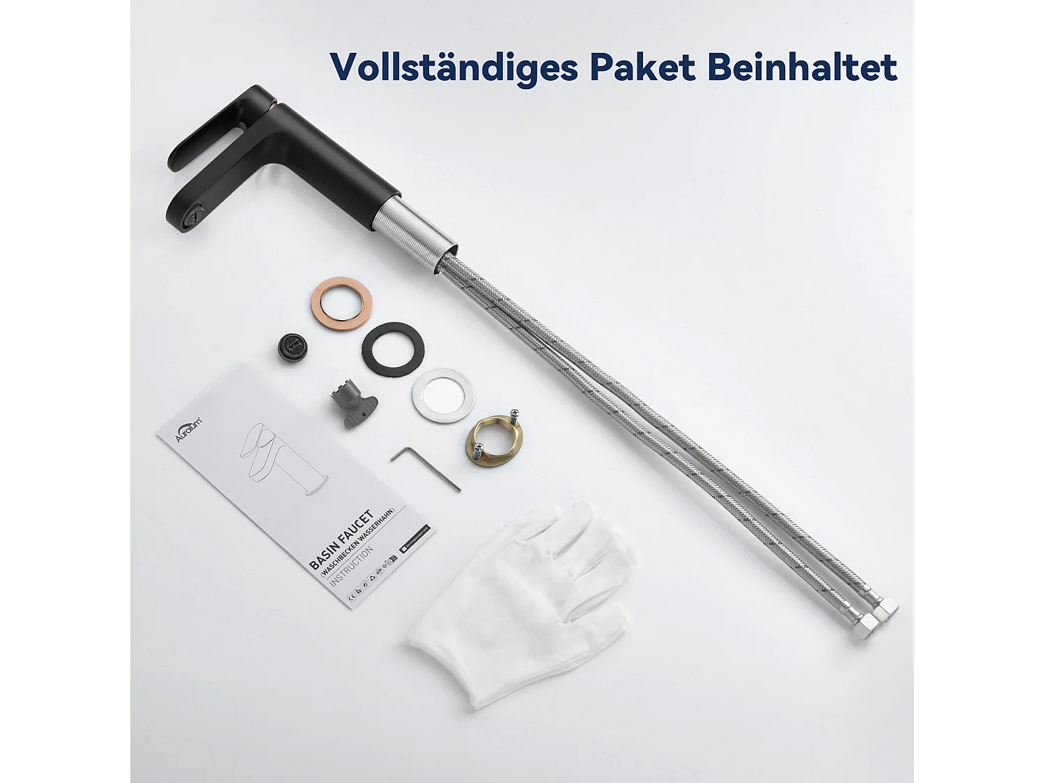 AuraLum Max Badkamerkraan, Stijlvol Design Wastafelkraan, Messing Mengkraan, Warm/Koud Water Beschikbaar, Kranen Zwart G 3/8, EU Model