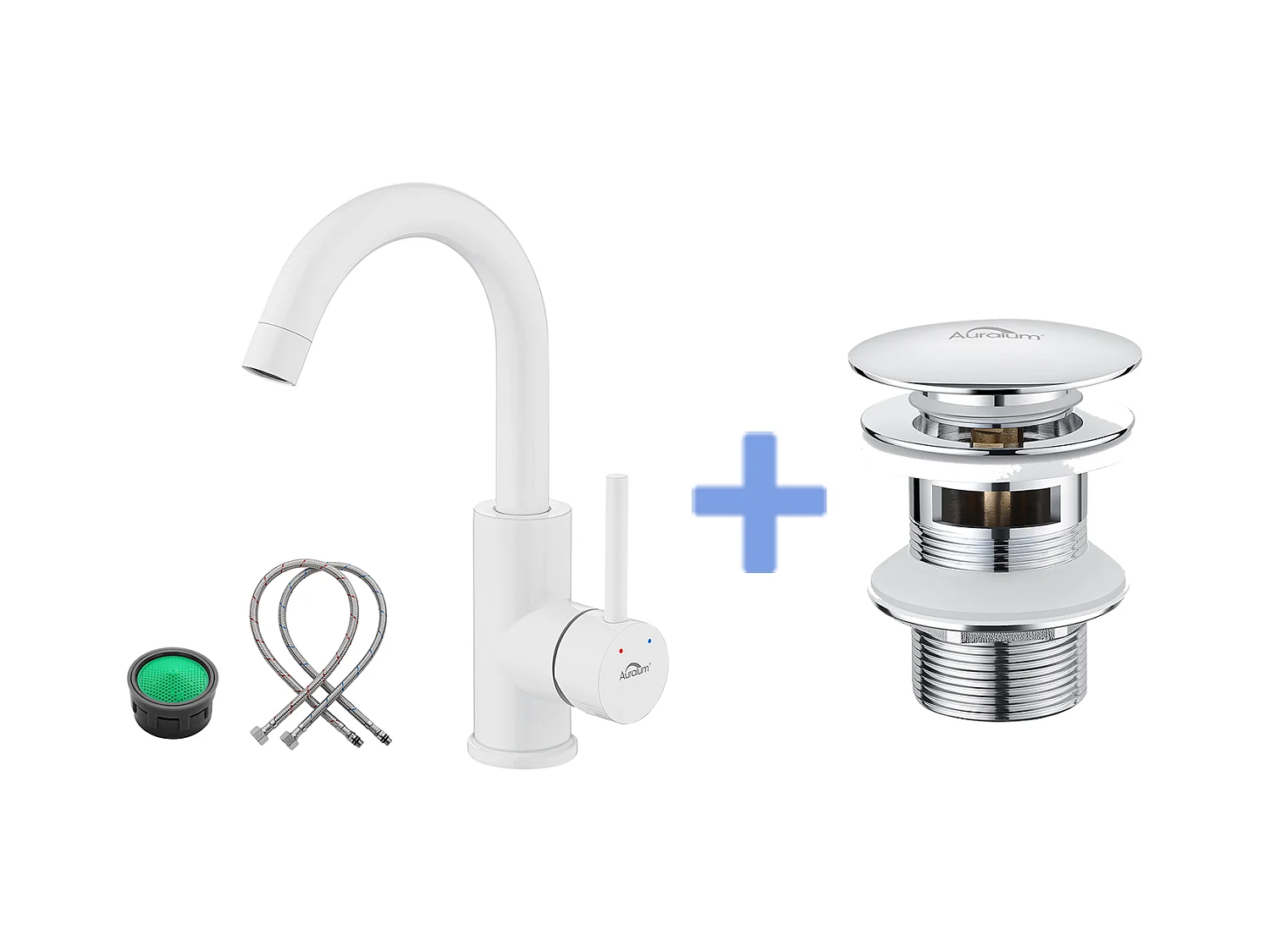 Rubinetto lavabo bianco,rotazione 360°,gorgogliatore rimovibile,acqua calda/fredda+scarico per lavandino,scarico pop-up con troppopieno automatico