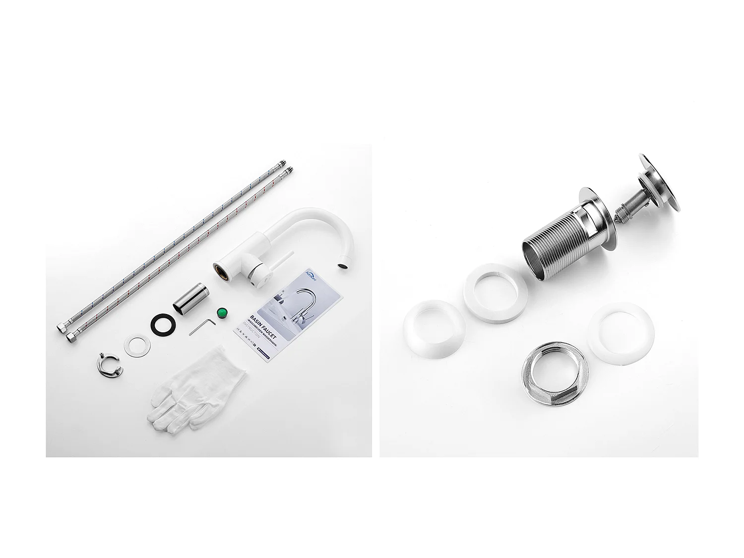 AuraLum Max Grifo fregadero blanco,rotación 360°,burbujeador extraíble,agua fría/caliente+drenaje emergente con desbordamiento automático universal