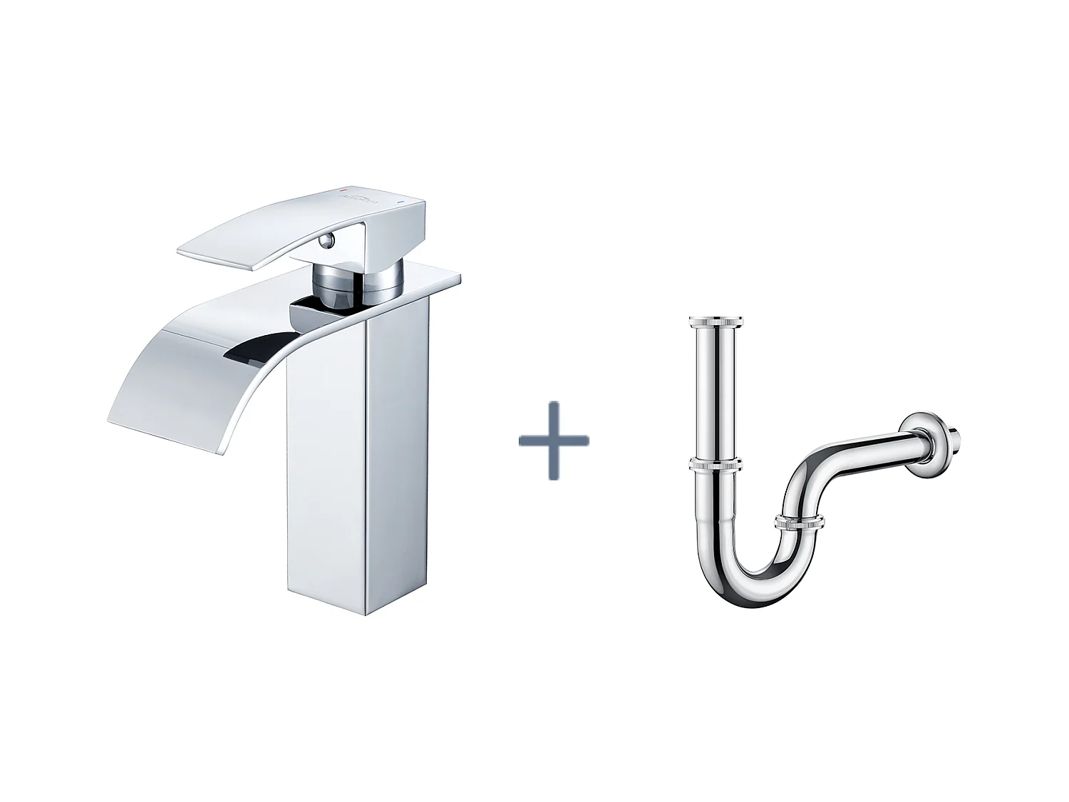 Auralum Max Robinet Lavabo Cascade Chromé,l'Eau Froide/Chaude,Inox 304+Siphon Lavabo Forme U Tube Siphon en  Inox Anti-odeurs Siphon Ø32 mm,Chromé