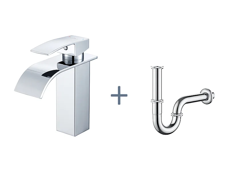 Auralum Max Wastafelkraan Waterval Verchroomd, Koud/Warm Water, RVS 304+Wastafel Sifon U-vorm RVS Sifonbuis Anti-geur Sifon Ø32 mm, Verchroomd