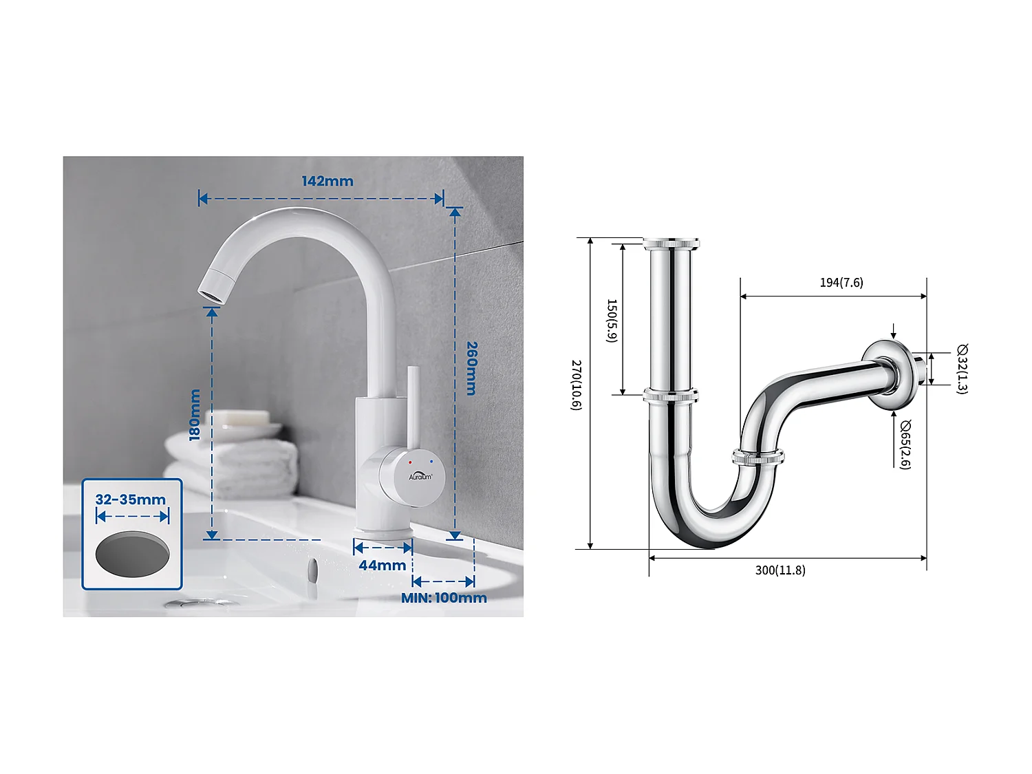 Robinet Lavabo Blanc Rotation 360°,Barboteur démontable,Eau froide/chaude+Siphon Lavabo Forme U Tube de Siphon Anti-odeurs,Ø32 mm,Chromé