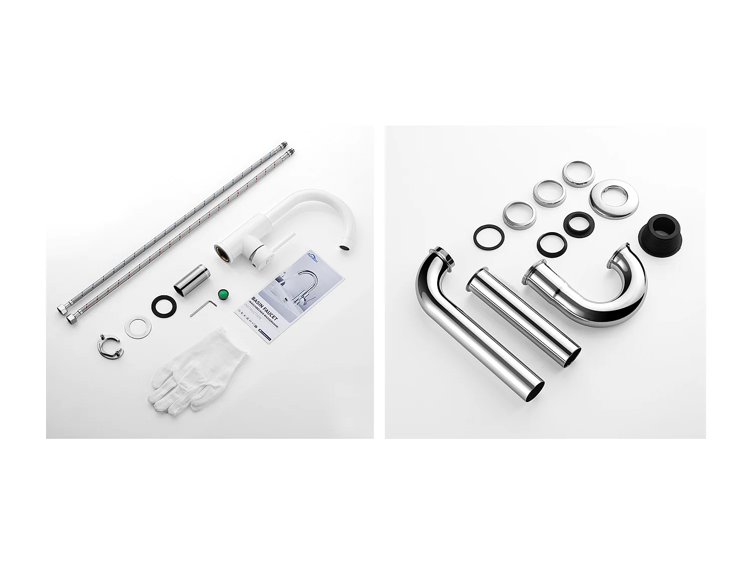 Robinet Lavabo Blanc Rotation 360°,Barboteur démontable,Eau froide/chaude+Siphon Lavabo Forme U Tube de Siphon Anti-odeurs,Ø32 mm,Chromé