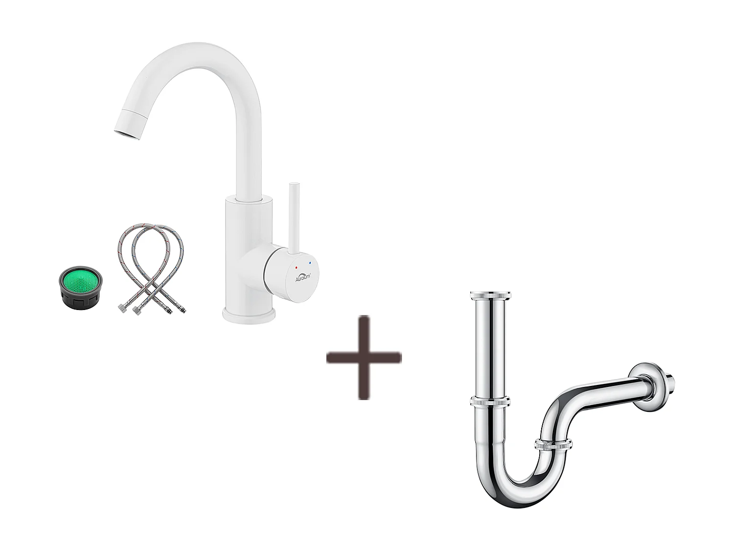 Wastafelkraan Wit 360° Draaibaar, Afneembaar Romper, Koud/warm Water+ Wastafel Sifon U-vorm Anti-geur Sifon Buis, Ø32 mm, Chrome