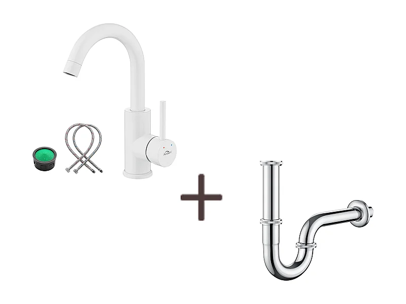 Robinet Lavabo Blanc Rotation 360°,Barboteur démontable,Eau froide/chaude+Siphon Lavabo Forme U Tube de Siphon Anti-odeurs,Ø32 mm,Chromé