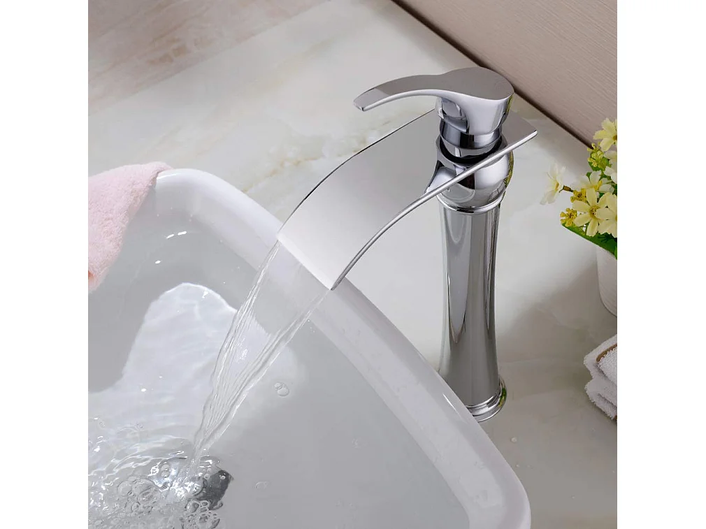 AuraLum Max Mitigeur Lavabo Cascade Robinet pour Lavabo et Vasque,Haute Bec Monocommand pour Salle de Bain,en Laiton Chromé,EU Modèle