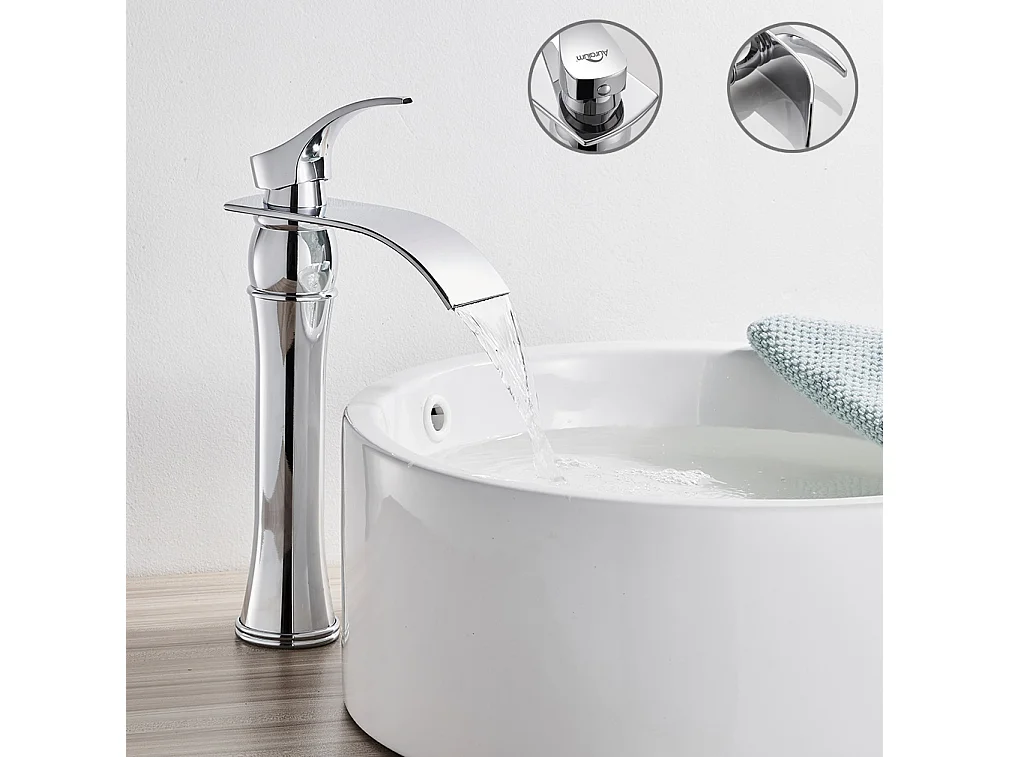AuraLum Max Mitigeur Lavabo Cascade Robinet pour Lavabo et Vasque,Haute Bec Monocommand pour Salle de Bain,en Laiton Chromé,EU Modèle