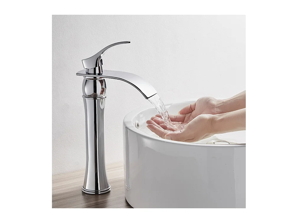 AuraLum Max Mitigeur Lavabo Cascade Robinet pour Lavabo et Vasque,Haute Bec Monocommand pour Salle de Bain,en Laiton Chromé,EU Modèle