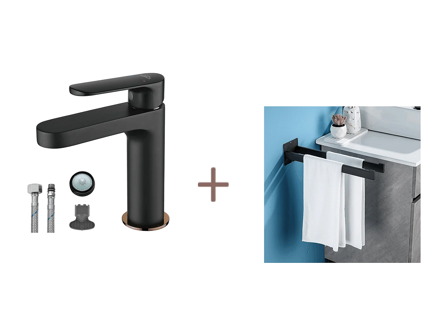 Auralum max Robinet Salle Bain,Noir,avec Mousseur Démontable+Porte Serviette Salle de Bain Adhésif/Perçage,Barres Porte Serviettes,Inox,Noir,40 CM