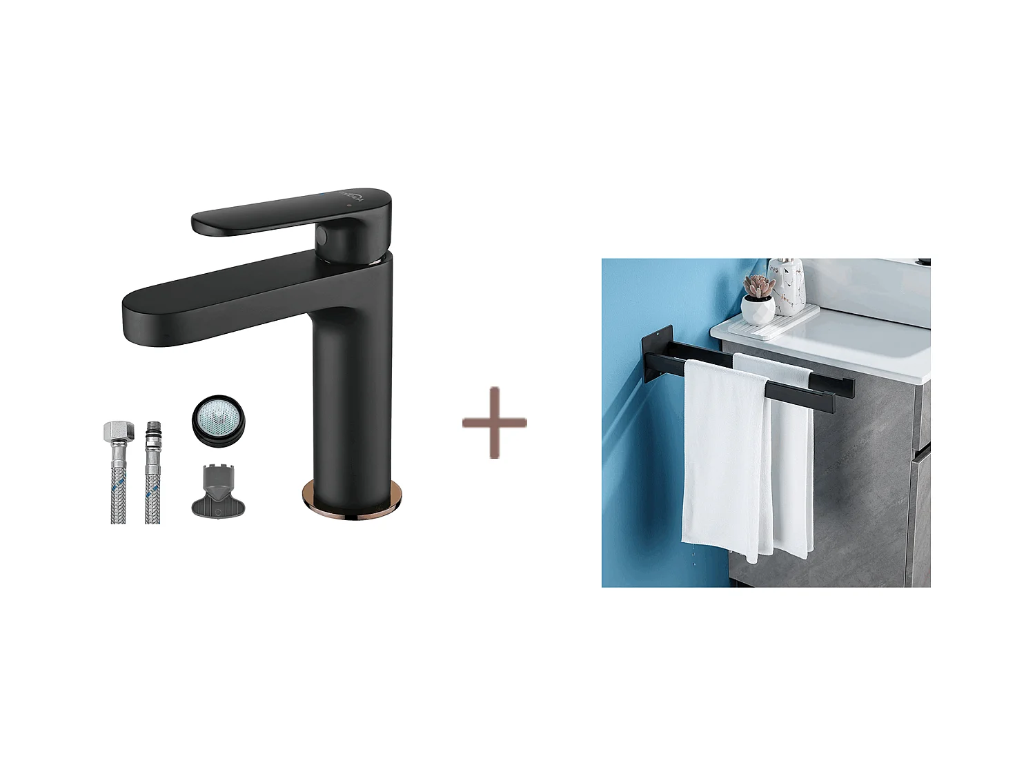 Auralum max Robinet Salle Bain,Noir,avec Mousseur Démontable+Porte Serviette Salle de Bain Adhésif/Perçage,Barres Porte Serviettes,Inox,Noir,40 CM