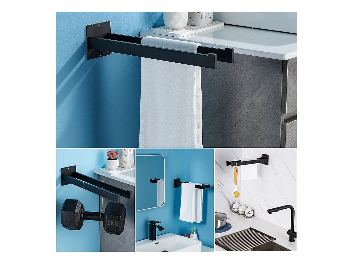 Auralum max Badkamerkraan,Zwart,met Afneembare Schuimer+Handdoekhouder Badkamer Zelfklevend/Boren,Handdoekstangen,Rvs,Zwart,40 CM