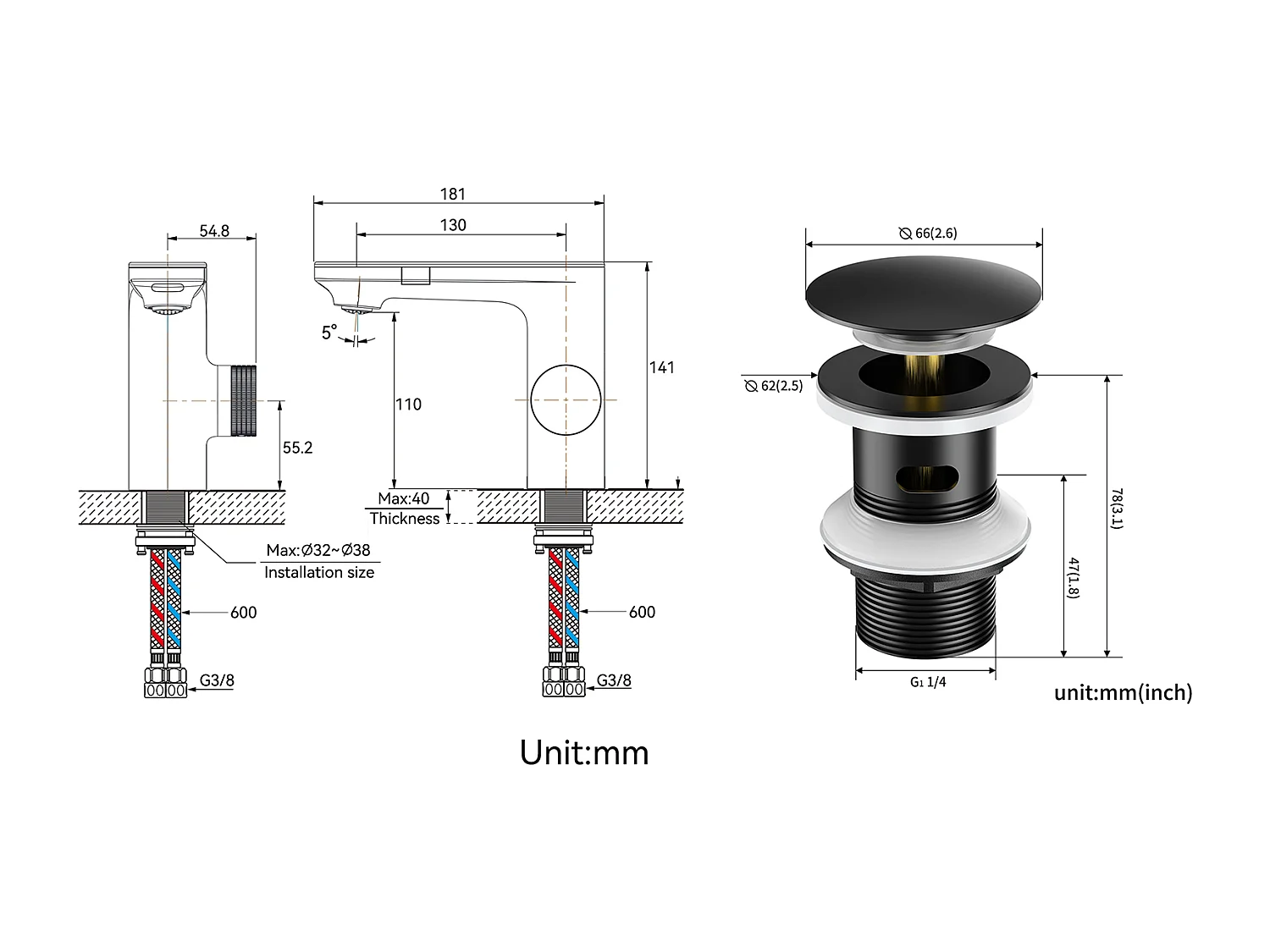 Mezclador Lavabo Sensor Infrarrojo Inteligente Automático,Negro Latón Agua+Bonde Lavabo Desagüe Pop-up con Desbordamiento Automático Universal,Negro