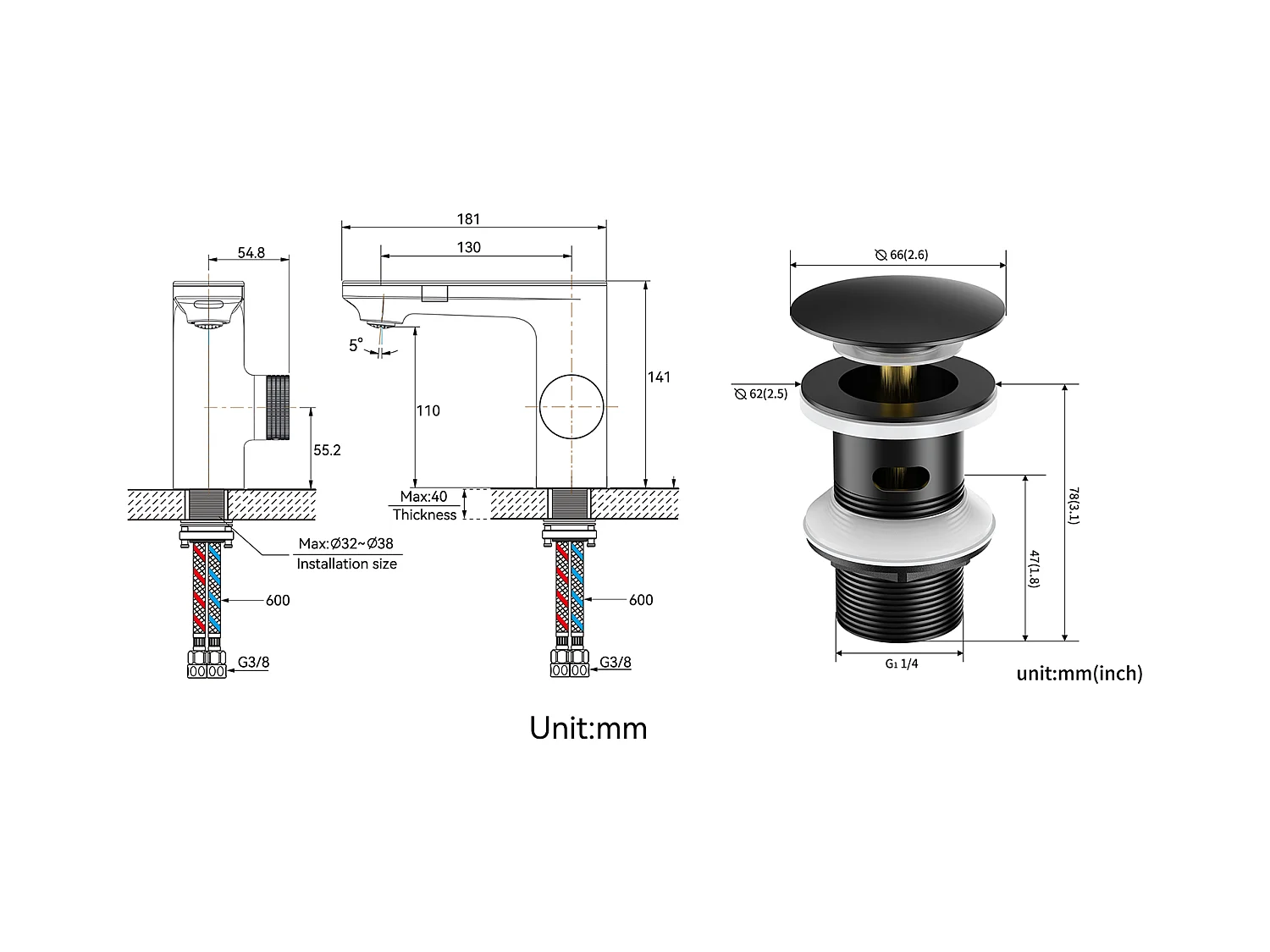 Mitigeur Lavabo Capteur Infrarouge Intelligent Automatique,Noir Laiton Eau+Bonde de Lavabo Bonde Pop-up avec Trop-plein Automatique Universelle,Noir