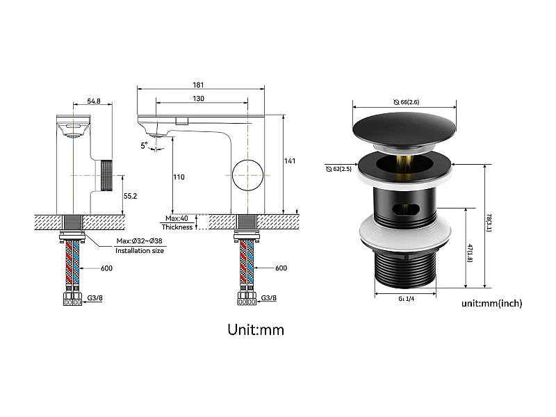 Mitigeur Lavabo Capteur Infrarouge Intelligent Automatique,Noir Laiton Eau+Bonde de Lavabo Bonde Pop-up avec Trop-plein Automatique Universelle,Noir