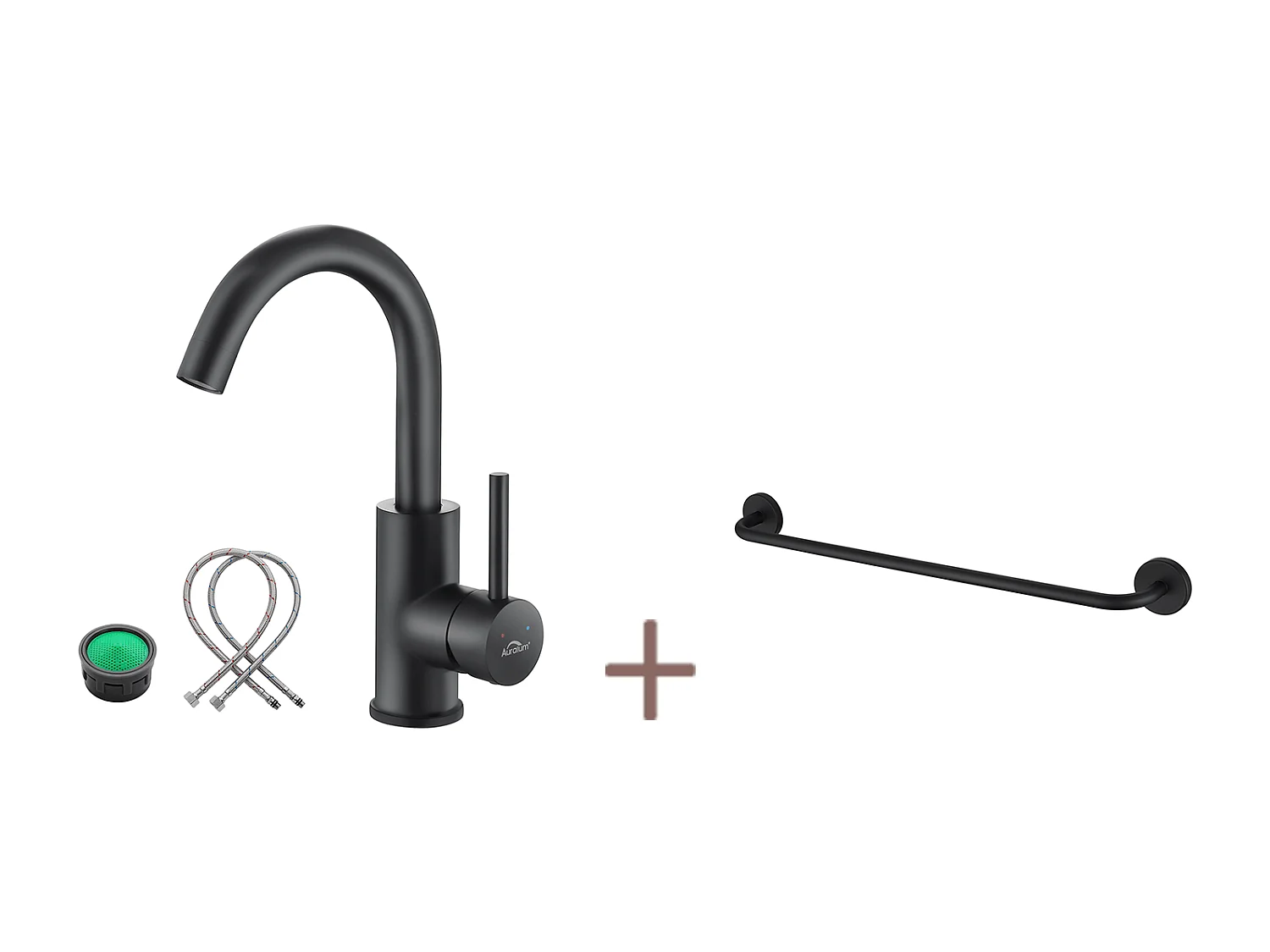 Mitigeur Lavabo,Auralum max Robinet Salle Bain Noir Rotatif 360°,Aérateur Démotable+Porte-Serviettes de Salle  Bain,Auto-adhésif/ Perçage,60CM,INOX