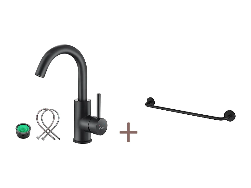 Wastafelmengkraan, Auralum max360° Draaibare Zwarte Badkamerkraan,Demonteerbare Beluchter+Badkamer Handdoekrek,Zelfklevend/ Boren,60CM,ROEST