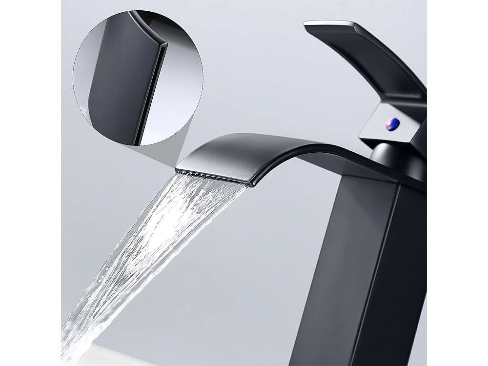AuraLum Max Einhebel-Waschtischarmatur mit Wasserfall für Spüle und Waschbecken, Badezimmerarmaturen, Wasser- und Kaltmischarmaturen, schwarzes Messing, EU-Modell