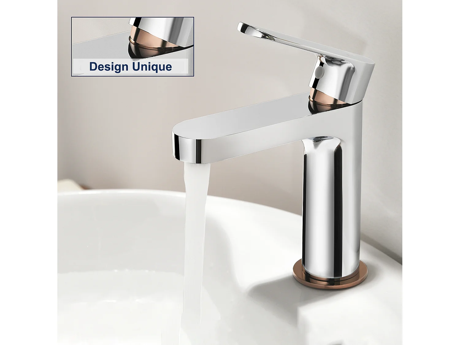 Grifo Baño Moderno, Mezclador Lavabo,Acabado Oro Rosa,Cromado+Porta Cepillo Inodoro Acero Inoxidable Cepillo WC Pared