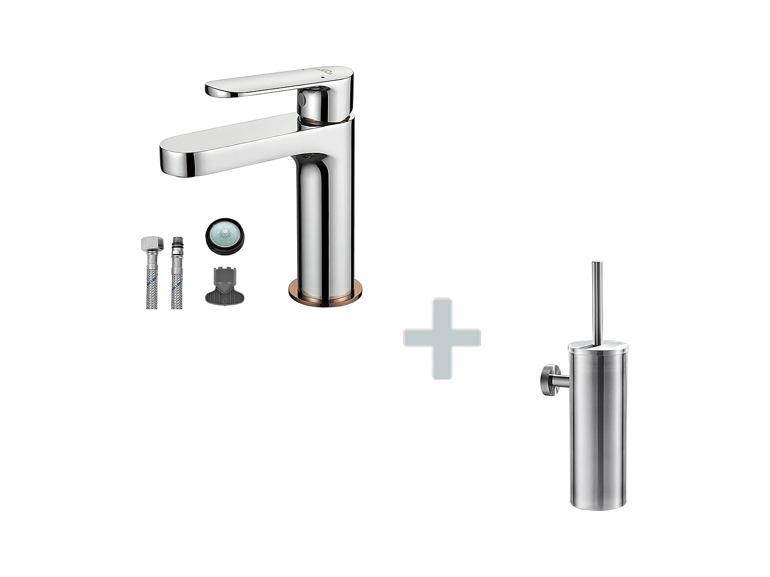 Moderne Badkamer Kraan, Wastafelmengkraan, Roségouden Afwerking, Verchroomd + Toiletborstelhouder RVS Toiletborstel Wandmontage