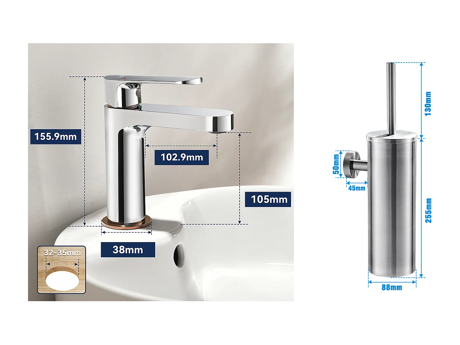 Moderne Badkamer Kraan, Wastafelmengkraan, Roségouden Afwerking, Verchroomd + Toiletborstelhouder RVS Toiletborstel Wandmontage