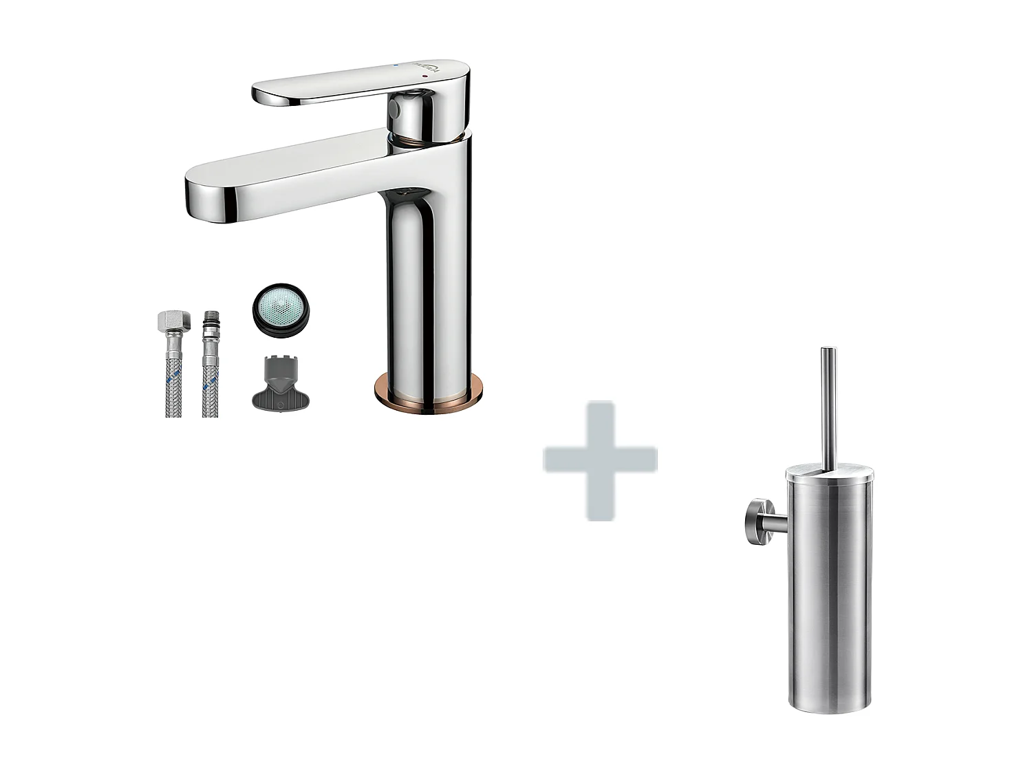 Robinet Salle Bain Moderne, Mitigeur Lavabo,Finition or Rose,Chromé+Porte Brosse Toilette Acier Inoxydable Brosse WC Mural