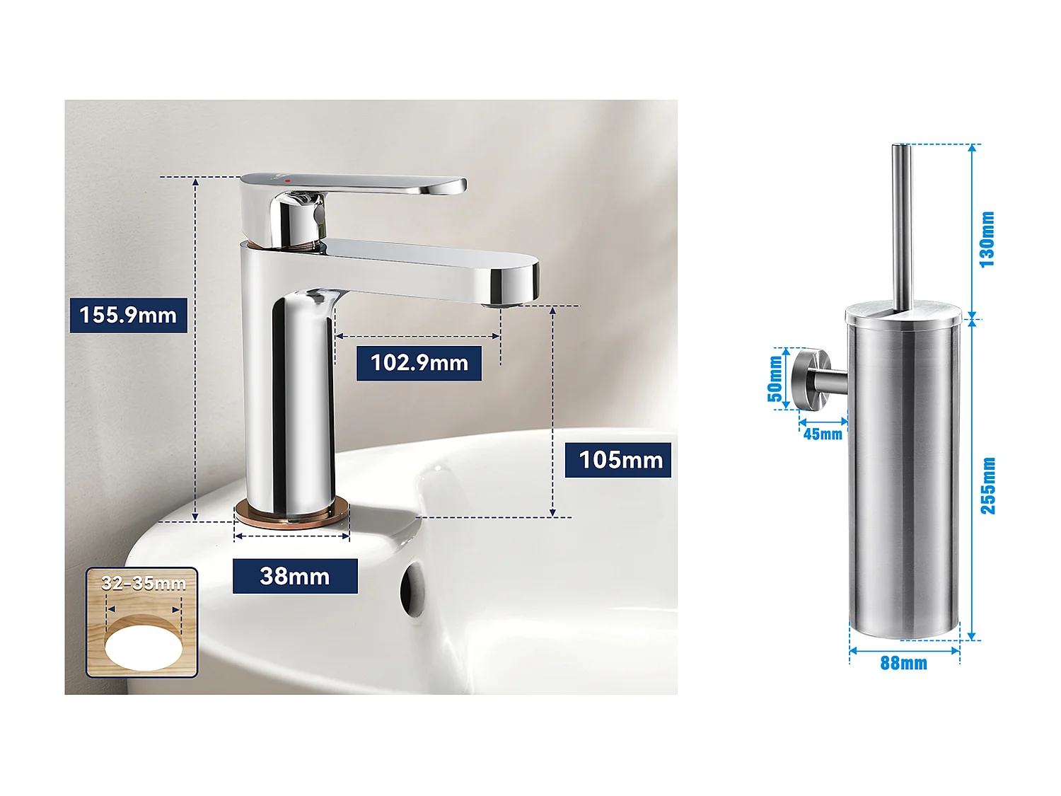 Robinet Salle Bain Moderne, Mitigeur Lavabo,Finition or Rose,Chromé+Porte Brosse Toilette Acier Inoxydable Brosse WC Mural