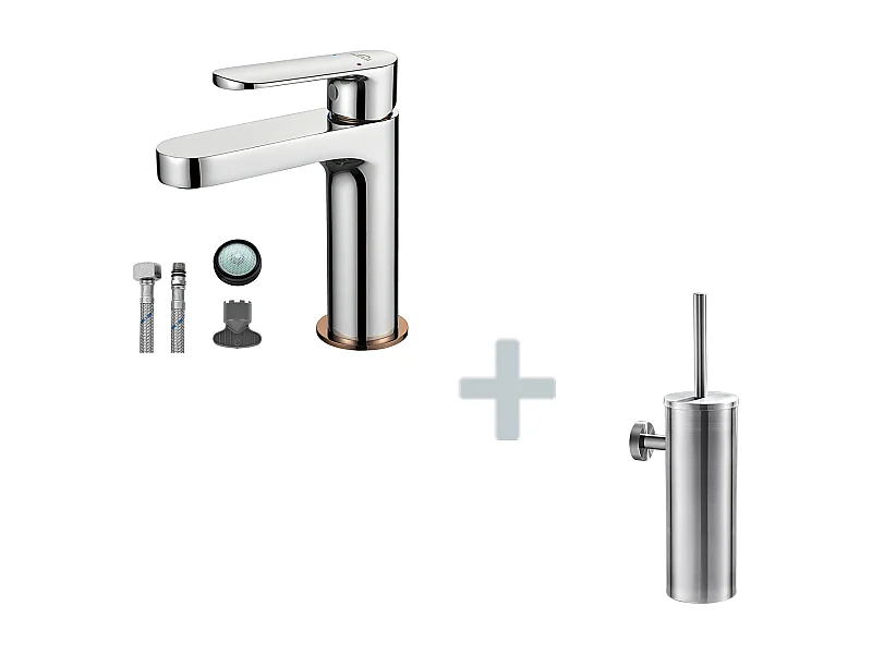 Moderne Badkamer Kraan, Wastafelmengkraan, Roségouden Afwerking, Verchroomd + Toiletborstelhouder RVS Toiletborstel Wandmontage