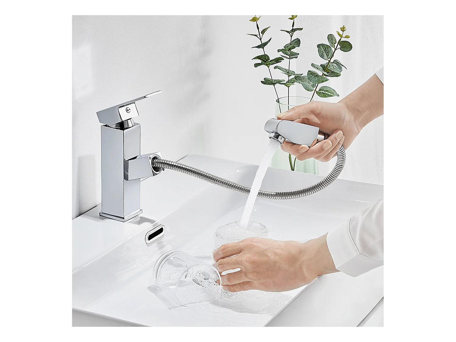 Robinet Lavabo avec Douchette Extractible Robinet Salle Bain Laiton Chromé Mitigeur Lavabo Eau Froide/Chaude Robinetterie pour Salle Bain,EU Modèle