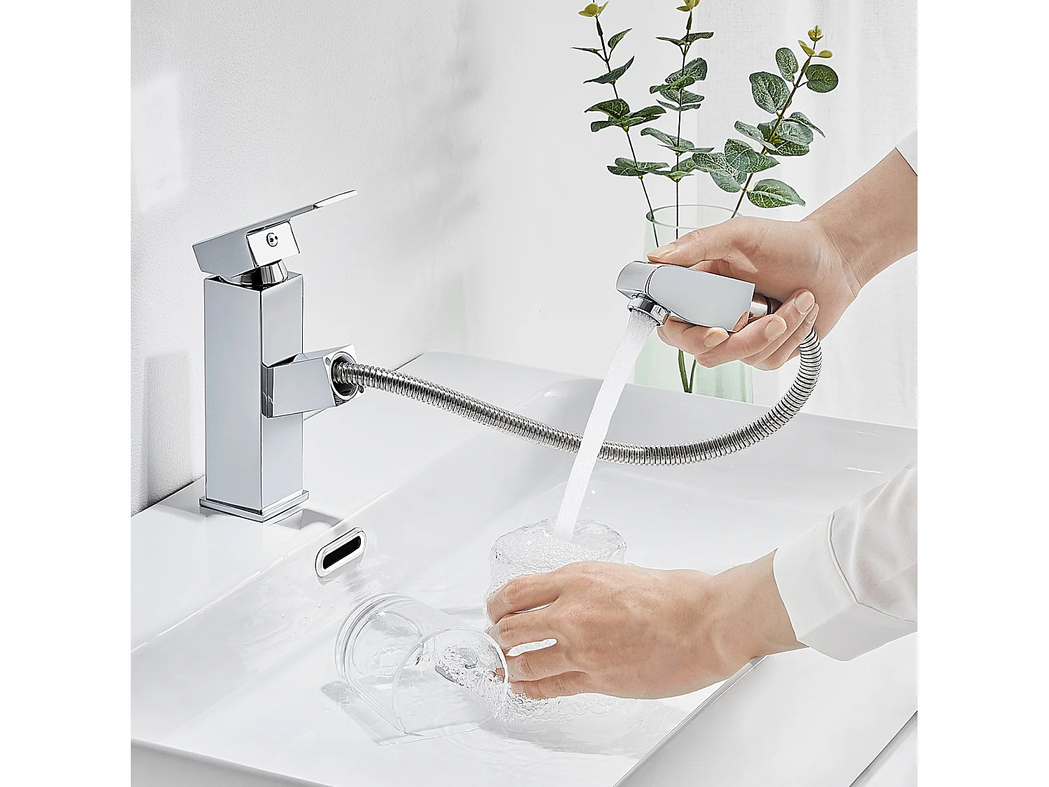 Wastafelkraan met uittrekbare douchekraan badkamer messing verchroomde wastafelmengkraan koud/warm water badkamerkraan, EU Model