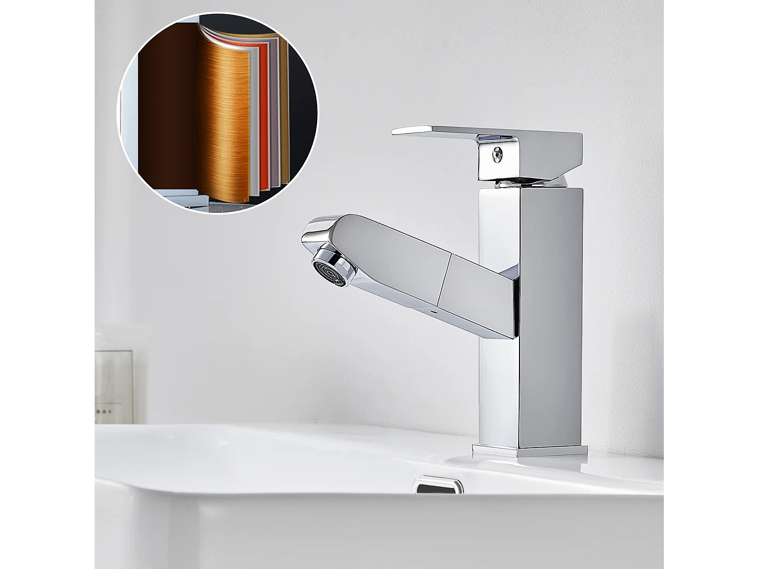 Wastafelkraan met uittrekbare douchekraan badkamer messing verchroomde wastafelmengkraan koud/warm water badkamerkraan, EU Model