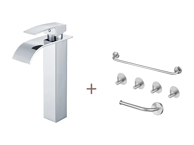 Robinet Cascade pour Vasque à Poser,Mitigeur Haut pour Lavabo,Inox,Chromé+Ensemble Salle Bain Accessoire 6 Pièces,Auto-adhésif/percer,Inox,Brossé