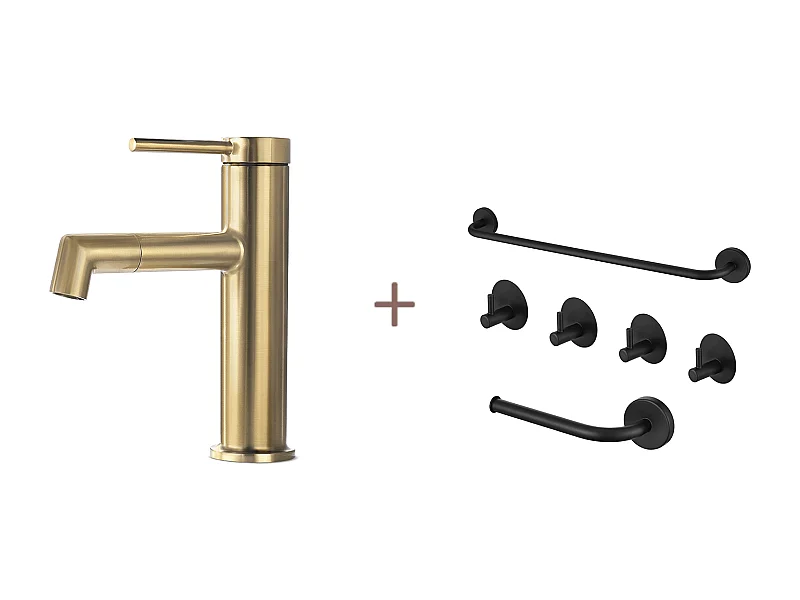 360° drehbarer goldener Waschtisch-Mischhahn, Warm-/Kaltwasser, abnehmbarer Sprudeler + 6-teiliges Badezimmer-Zubehör-Set, selbstklebend/bohrbar, Edelstahl, schwarz