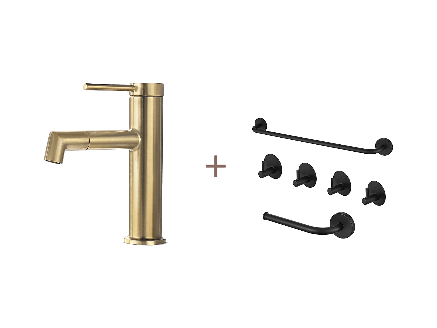 Mitigeur  Lavabo Doré Rotatif à 360°,Eau Chaude/Froide,Barboteur Démotable+Ensemble Salle Bain Accessoire 6 Pièces,Auto-adhésif/percer,Inox,Noir
