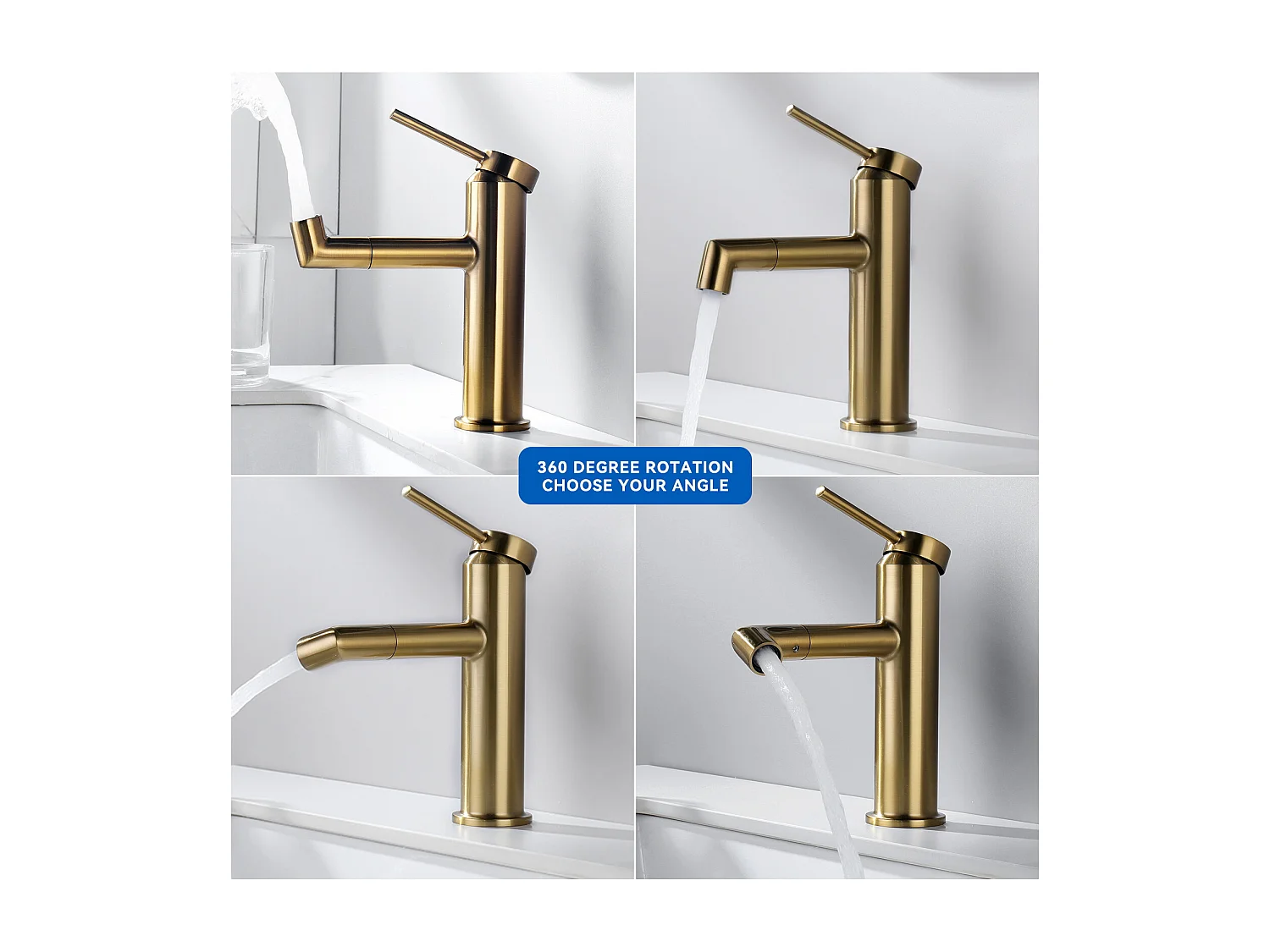 Mitigeur  Lavabo Doré Rotatif à 360°,Eau Chaude/Froide,Barboteur Démotable+Ensemble Salle Bain Accessoire 6 Pièces,Auto-adhésif/percer,Inox,Noir