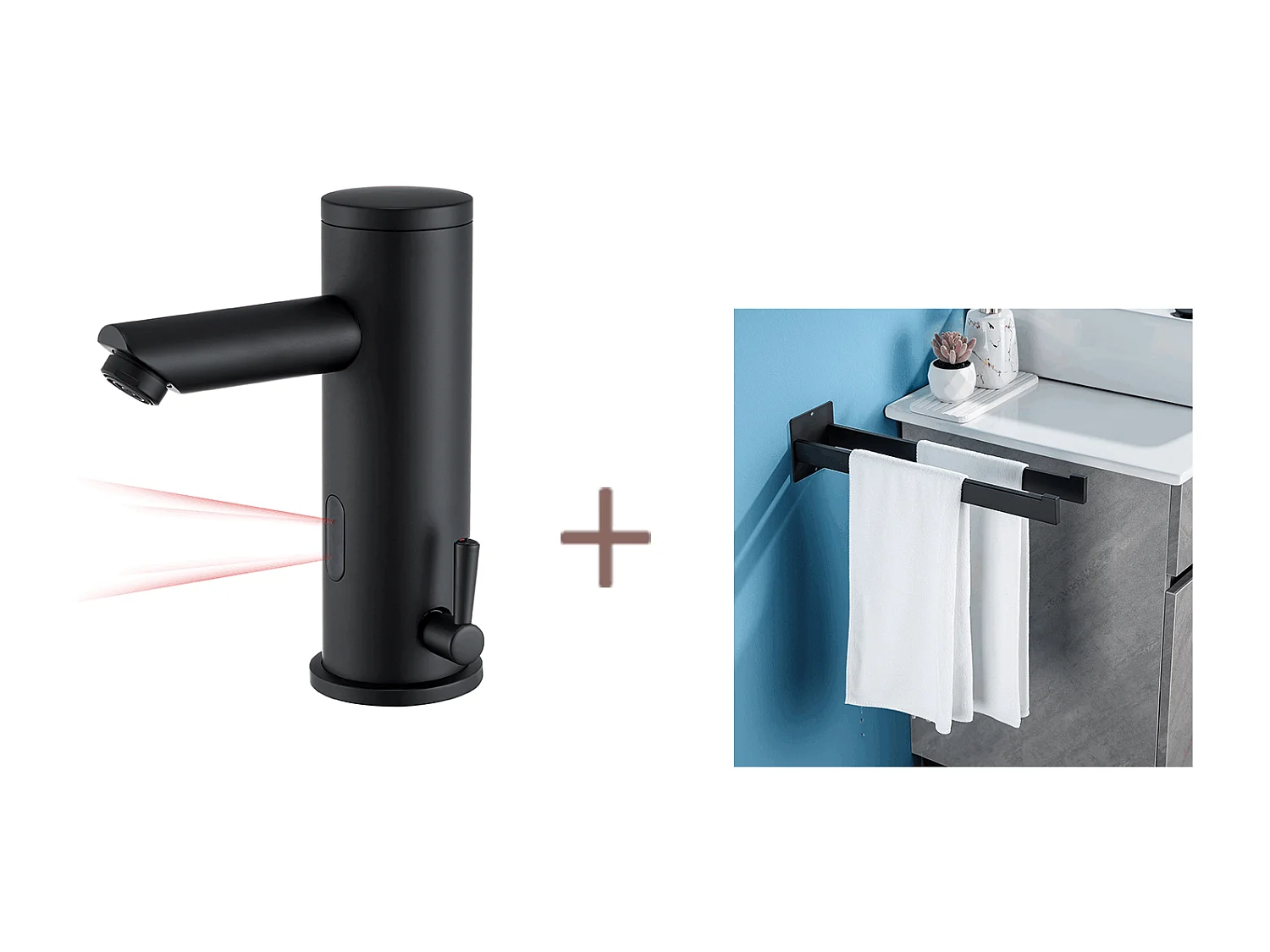 Auralum max Grifo de lavabo infrarrojo Negro enteroEnt automático+Porta Toalla Baño Adhesivo/Perforación,Barras Porta Toallas,Inox,40 CM