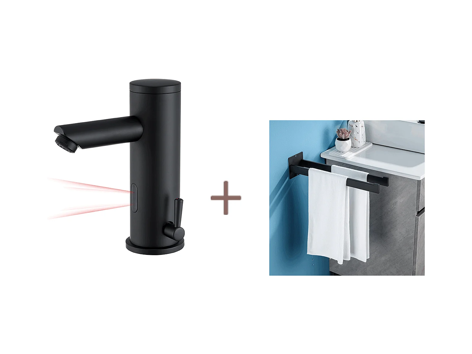 Auralum max Robinet lavabo infrarouge Noir entièrement automatique+Porte Serviette Salle Bain Adhésif/Perçage,Barres Porte Serviettes,Inox,40 CM